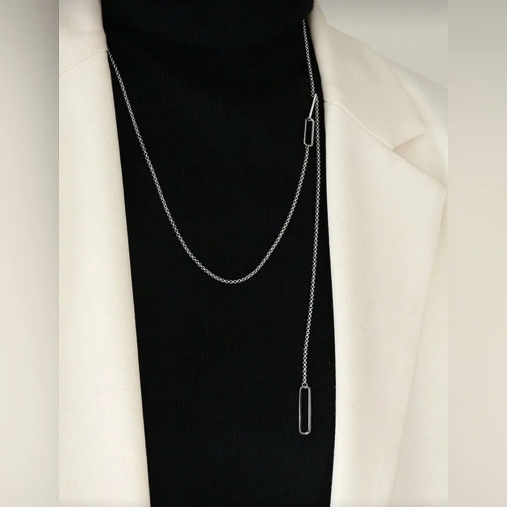 Silver Plated Stainless Steel Paperclip Lariat Necklace Minimalist Drop Chain